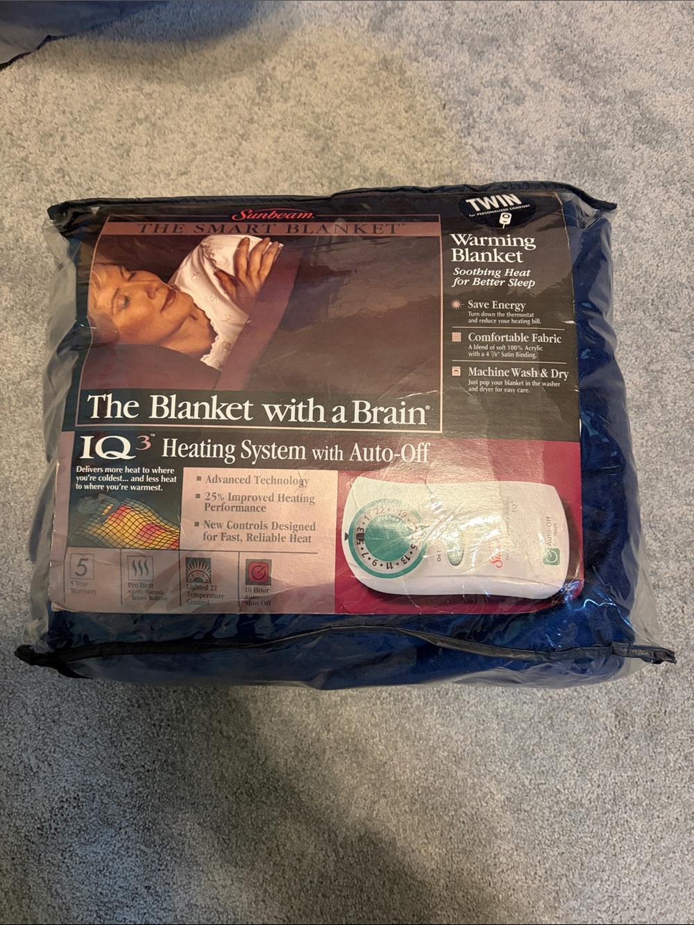 Sunbeam Navy Warming Blanket: IQ3 Heating System Vintage Still in Bag Never Used